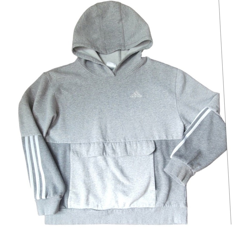 Adidas‎ Grey Heather Fleece Hoodie 3-Stripe Sleeve Front Flap Pocket Youth XL